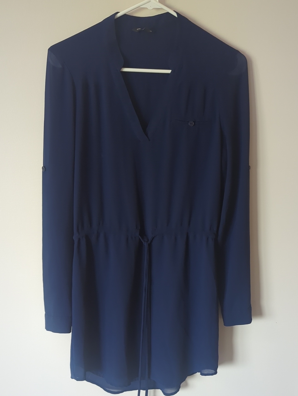 Naked Zebra Navy Long-Sleeve V-Neck Drawstring Tunic Dress